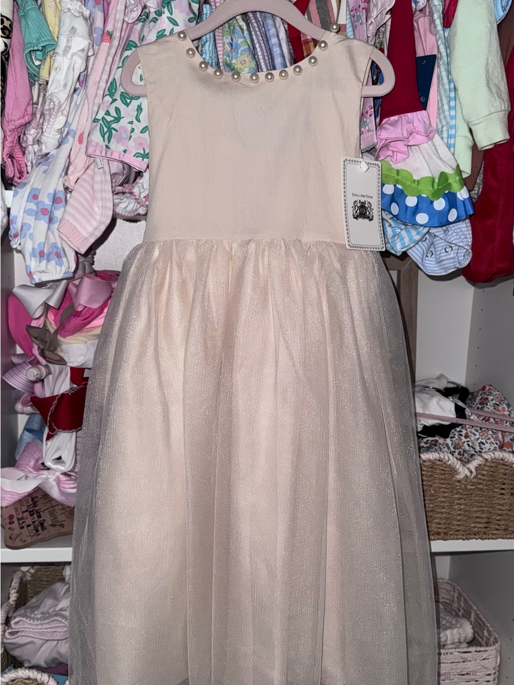 Pearl-Trim Tulle Flower Girl Dress